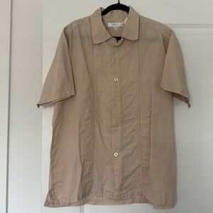 JMP (M) Neutral Tan Linen Short Sleeve Button Up Casual Vacation Shirt - Beachy